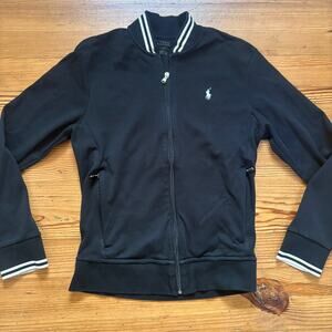 Polo Ralph Lauren‎ black white trim cotton full zip sweater SIZE S
